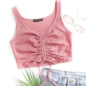 Pink Waffle Knit Crop Tank with Ruched Drawstring XS